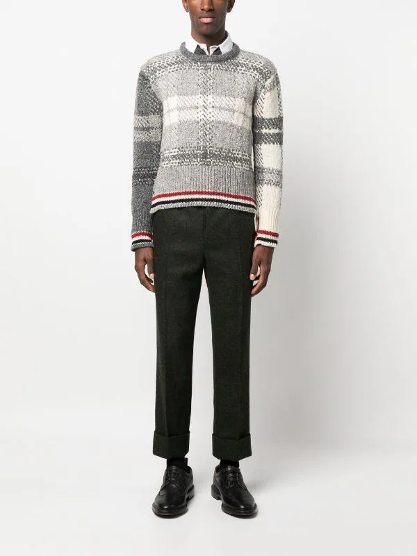 THOM BROWNE Men TB Tartan Jacquard Classic Crew Neck Pullover in Donegal w/ RWB Stripe