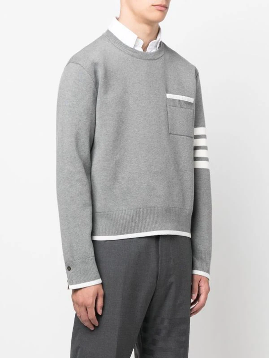 THOM BROWNE Men 4 Bar Stripe Front Pocket Crewneck Pullover