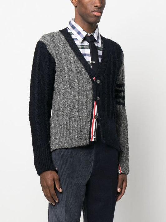 THOM BROWNE Men Fun Mix Bicolor Twist Cable Classic V Neck Cardigan in Donegal w/ 4 Bar Stripe