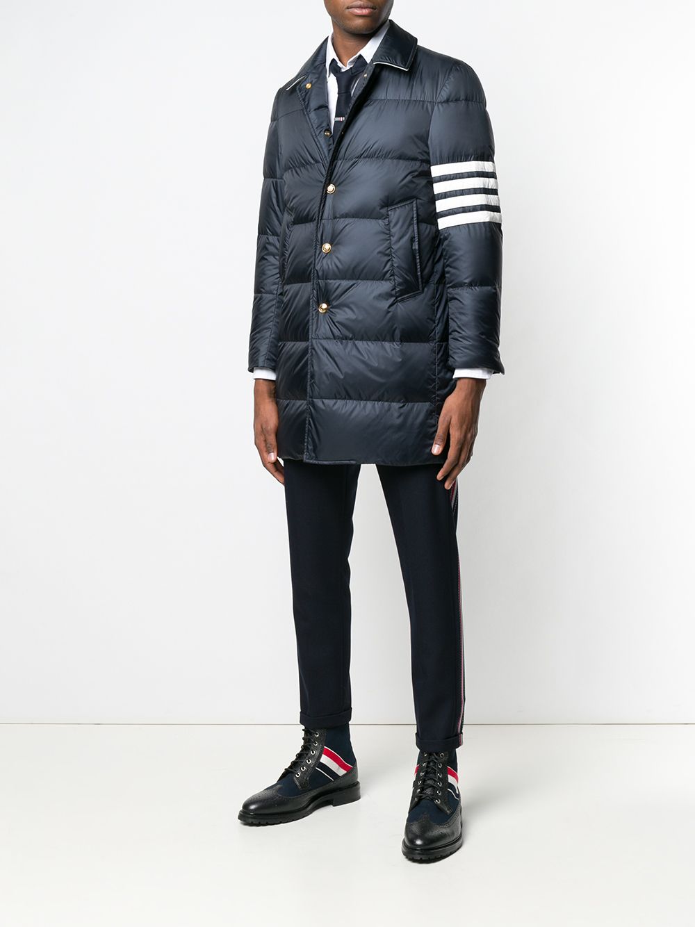 THOM BROWNE MEN DOWNFILLED CLASSIC BAL COLLAR OVERCOAT (35) W/ 4BAR IN MATTE FINISH NYLON