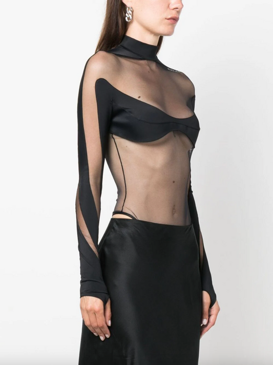 MUGLER WOMEN FRONT CURVED SHEER CUT OUT PANEL BODYSUIT