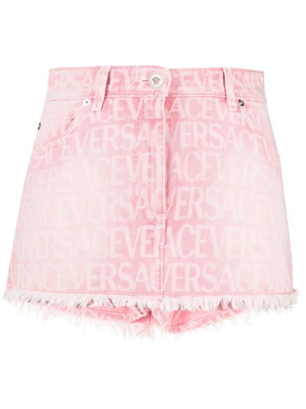 VERSACE Women Short Denim PPT with All Over Laser Logo and Frayed Details