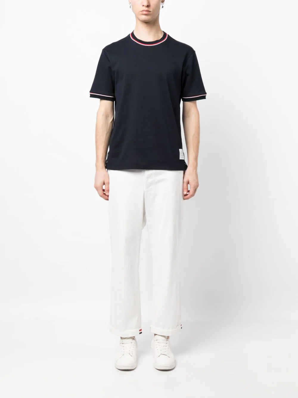 THOM BROWNE Men Short Sleeve Tee w/ RWB Stripe Trim in Cotton Milano