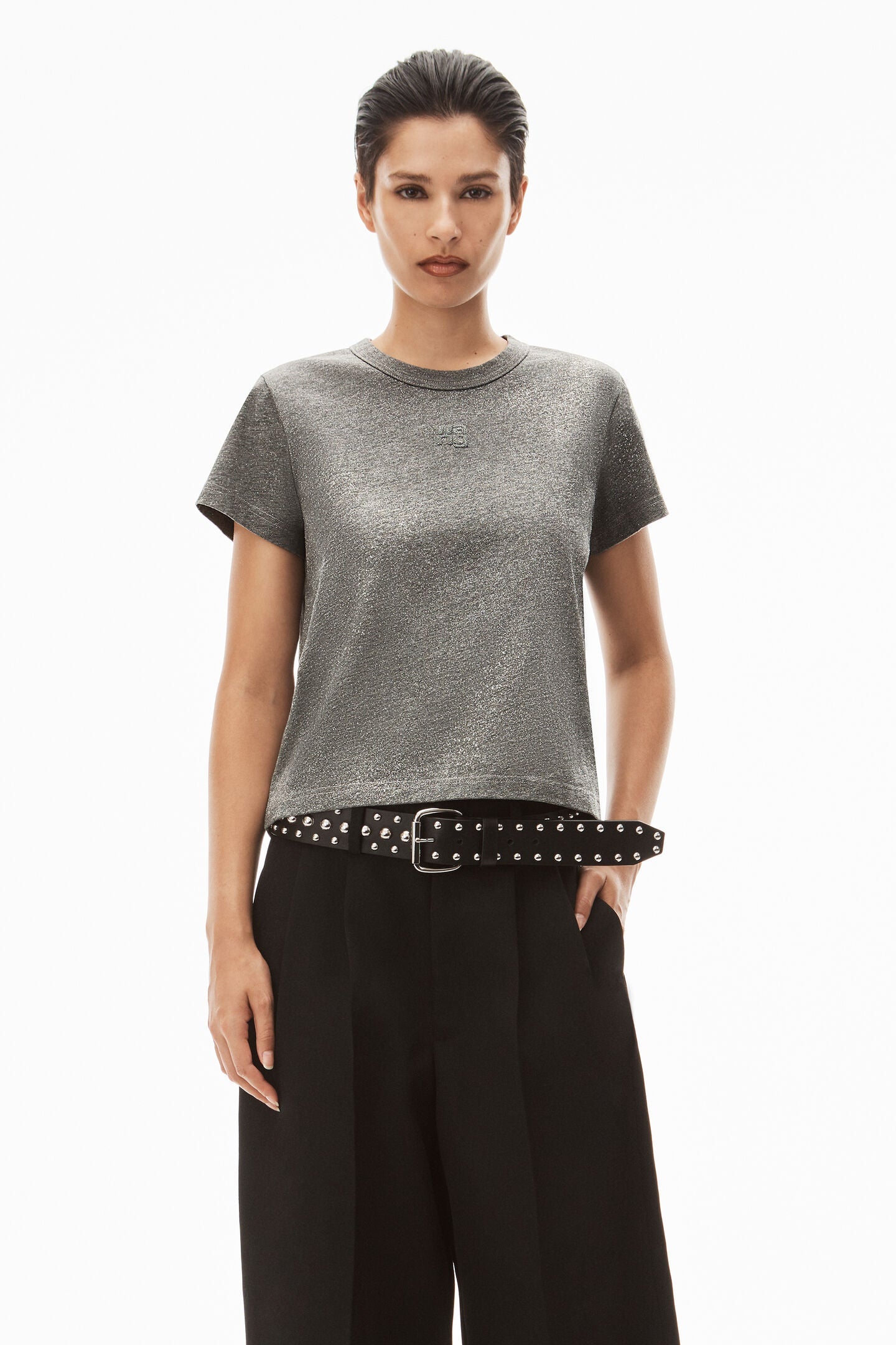 T BY ALEXANDER WANG Women Glitter Essential Jersey Shrunk Puff Logo Tee