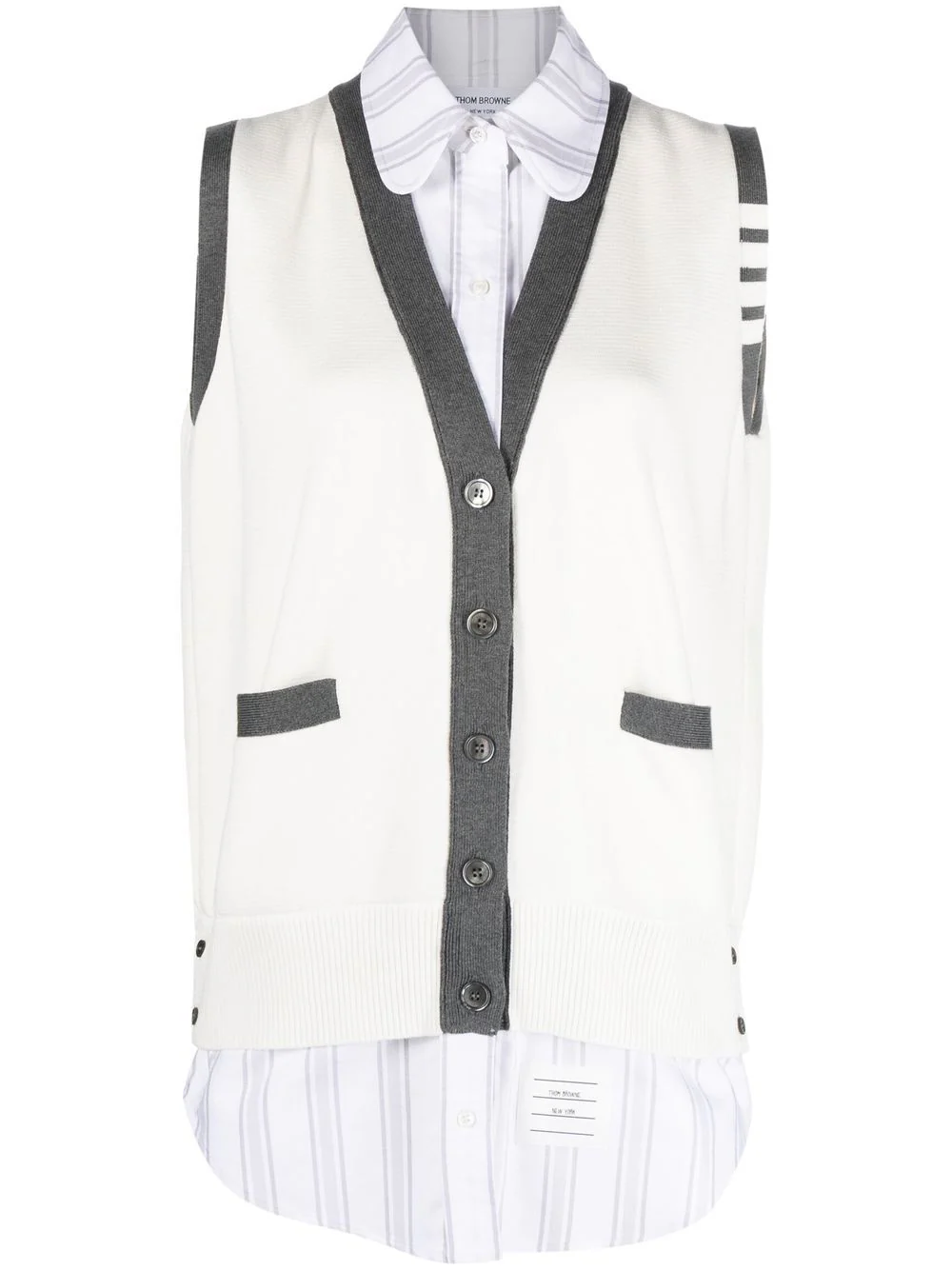 THOM BROWNE Women 4 Bar Round Collar Oxford Shirt V-Neck Cardigan Combo