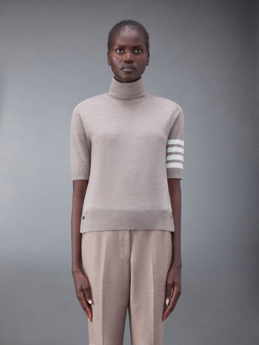 THOM BROWNE Women Relaxed Fit SS Turtleneck In Fine Merino Wool W/4 Bar Stripe