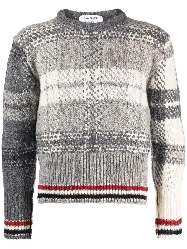 THOM BROWNE Men TB Tartan Jacquard Classic Crew Neck Pullover in Donegal w/ RWB Stripe