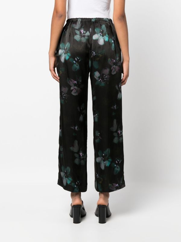 DRIES VAN NOTEN Women Fluid Silk Satin Printed With Painted Lilies Pants