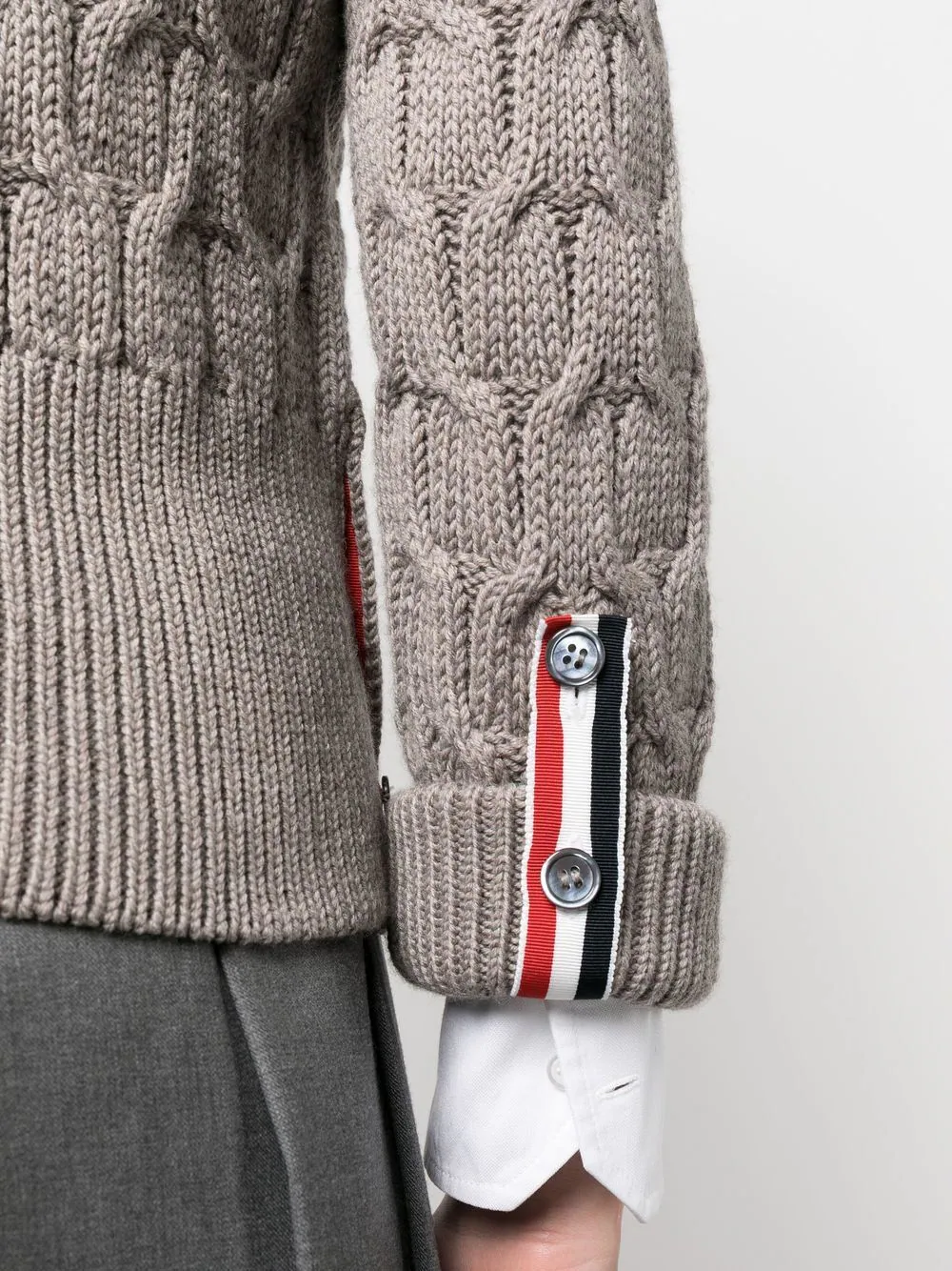 THOM BROWNE Women Crisscross Cable Stitch 3/4 Sleeve Neck Cardigan In Merino Wool W/ Rolled Cuffs And Rwb Tabs