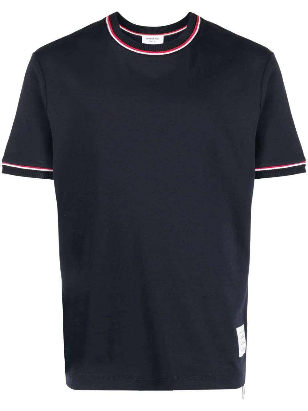 THOM BROWNE Men Short Sleeve Tee w/ RWB Stripe Trim in Cotton Milano