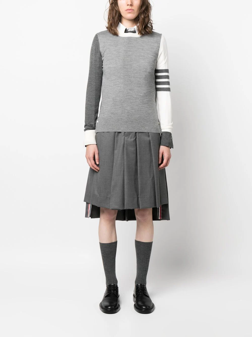 THOM BROWNE Women Fun Mix Relaxed Fit Crew Neck Pullover In Fine Merino Wool W/ 4 Bar Stripe