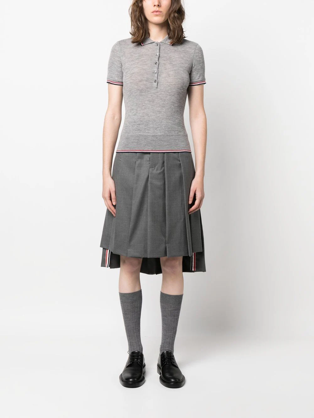 THOM BROWNE Women Short Sleeve Rib Cuff Polo In Wool Rib