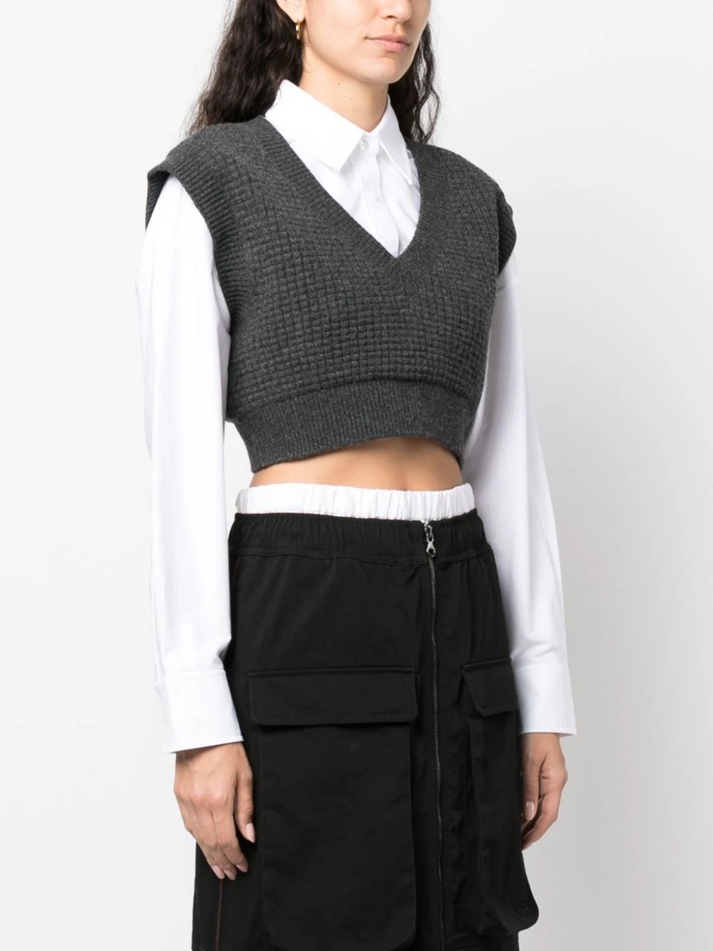 T BY ALEXANDER WANG Women Bilayer V-Neck Waffle Vest W/ Oxford Shirting