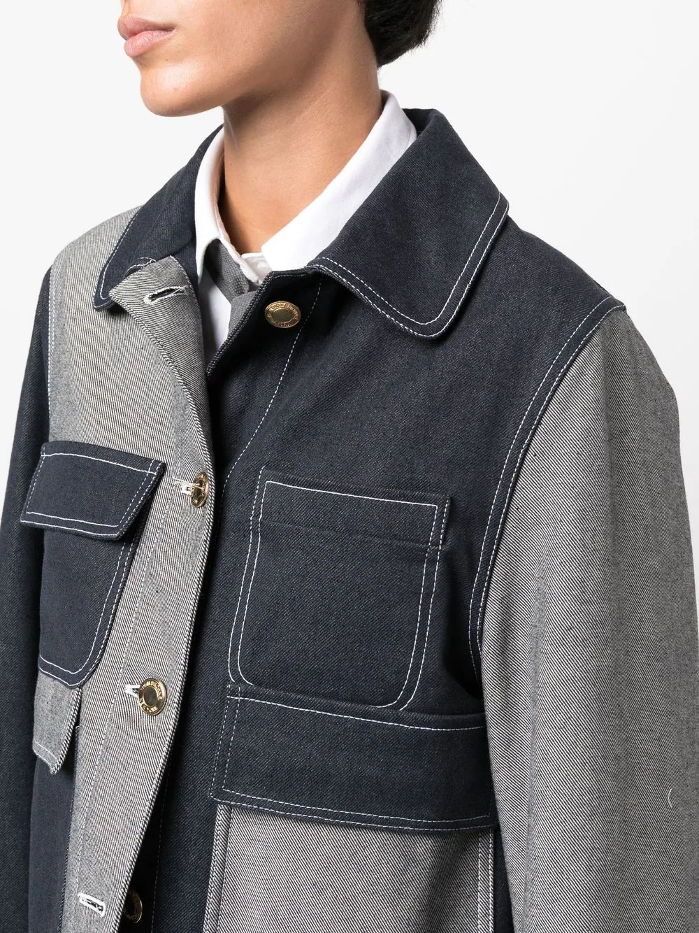 THOM BROWNE WOMEN FUNMIX ROUND COLLAR UTILITY JACKET IN DENIM