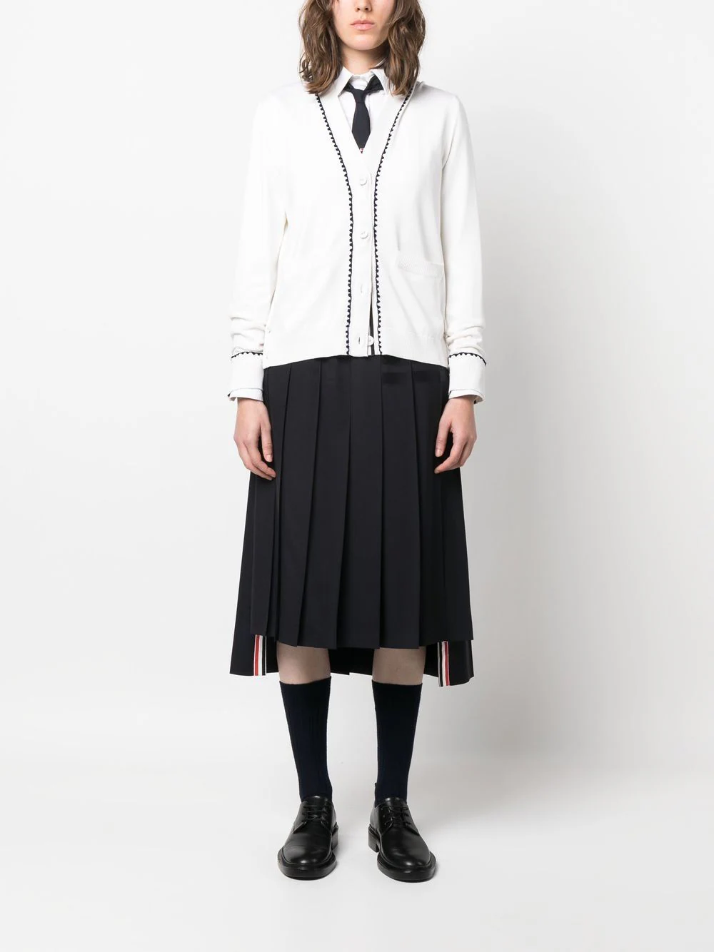 THOM BROWNE Women Below Knee Dropped Back Pleated Skirt In Engineered 4 Bar Plain Weave Suiting