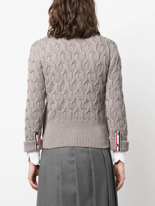 THOM BROWNE Women Crisscross Cable Stitch 3/4 Sleeve Neck Cardigan In Merino Wool W/ Rolled Cuffs And Rwb Tabs