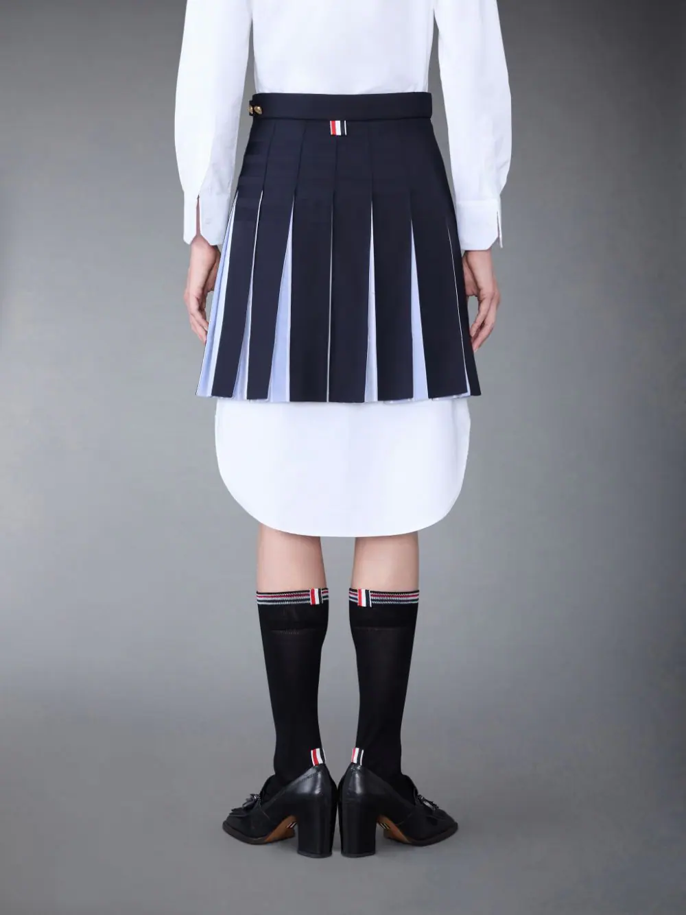 THOM BROWNE Women Pleated Mini Skirt W/ Combo Pleats in Engineered 4 Bar Weave Suiting