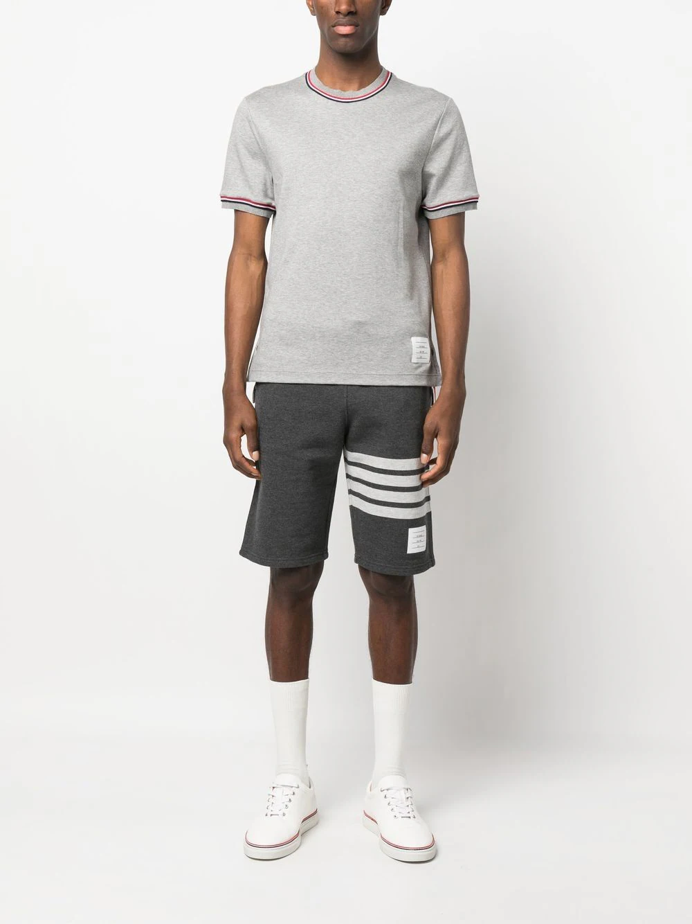 THOM BROWNE Men Short Sleeve Tee w/ RWB Stripe Trim in Cotton Milano