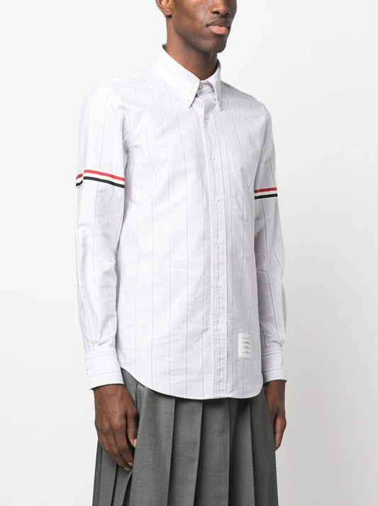 THOM BROWNE Men Straight Fit PC L/S Shirt W/GG Armband In Alternative Rep Stripe Oxford