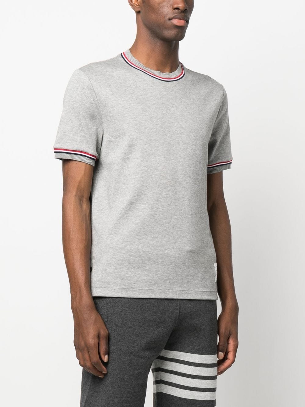 THOM BROWNE Men Short Sleeve Tee w/ RWB Stripe Trim in Cotton Milano