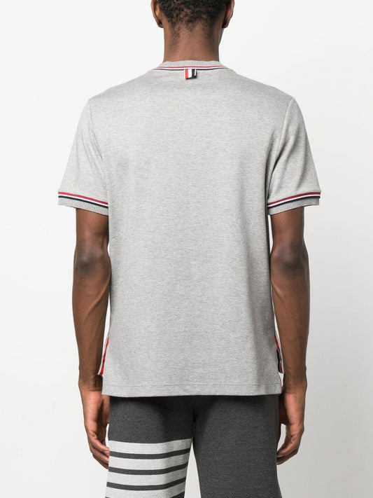 THOM BROWNE Men Short Sleeve Tee w/ RWB Stripe Trim in Cotton Milano