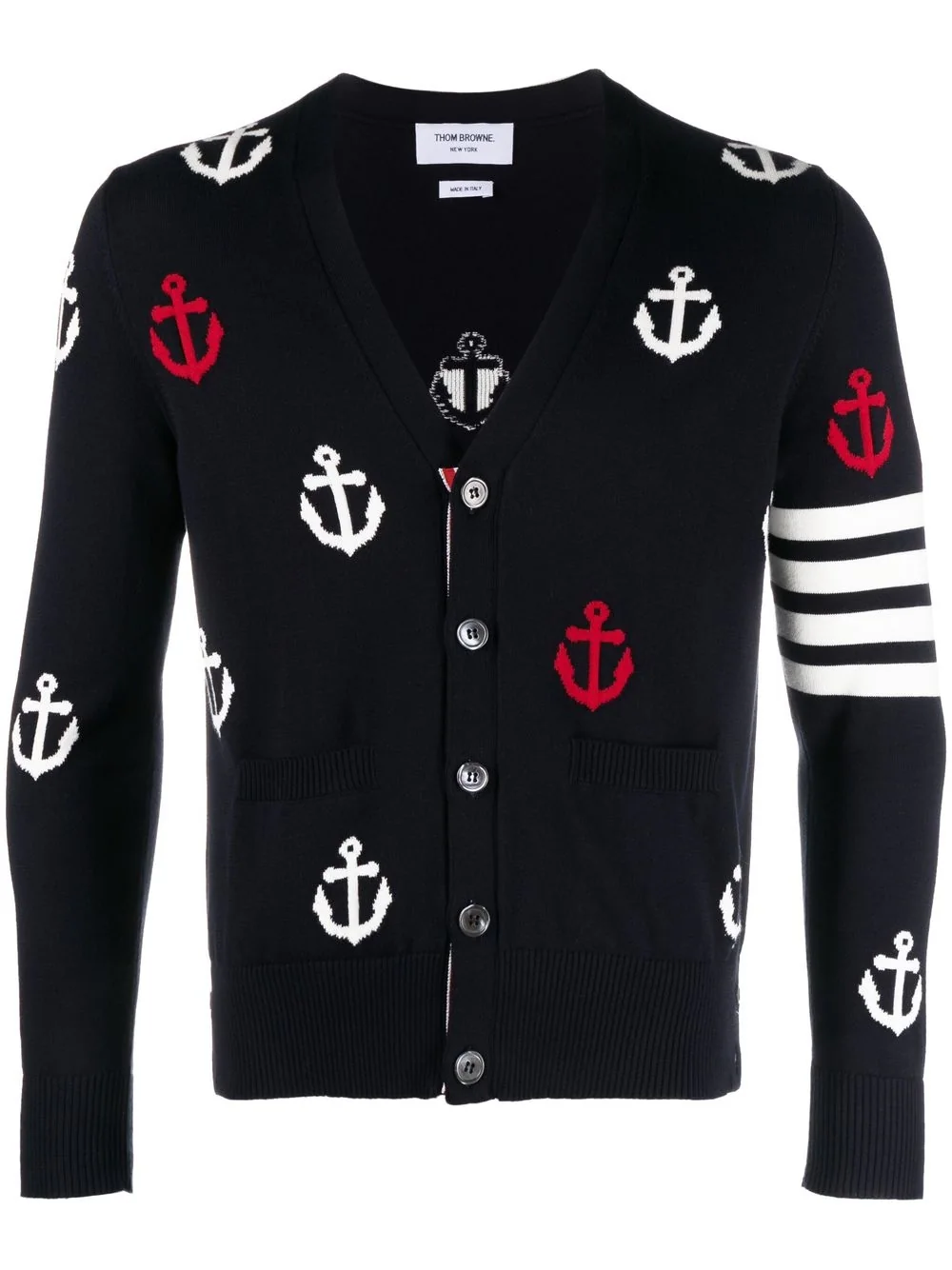 THOM BROWNE Men 4 Bar Anchor Intarsia V-Neck Cardigan