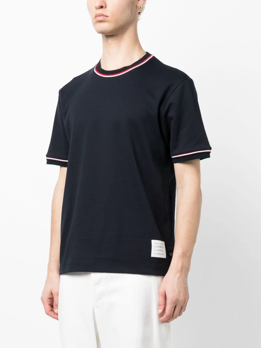 THOM BROWNE Men Short Sleeve Tee w/ RWB Stripe Trim in Cotton Milano