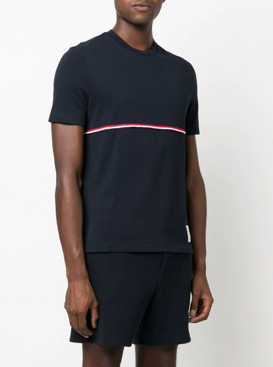 THOM BROWNE Men Short Sleeve Tee W/ RWB Stripe In Med Weight Jersey