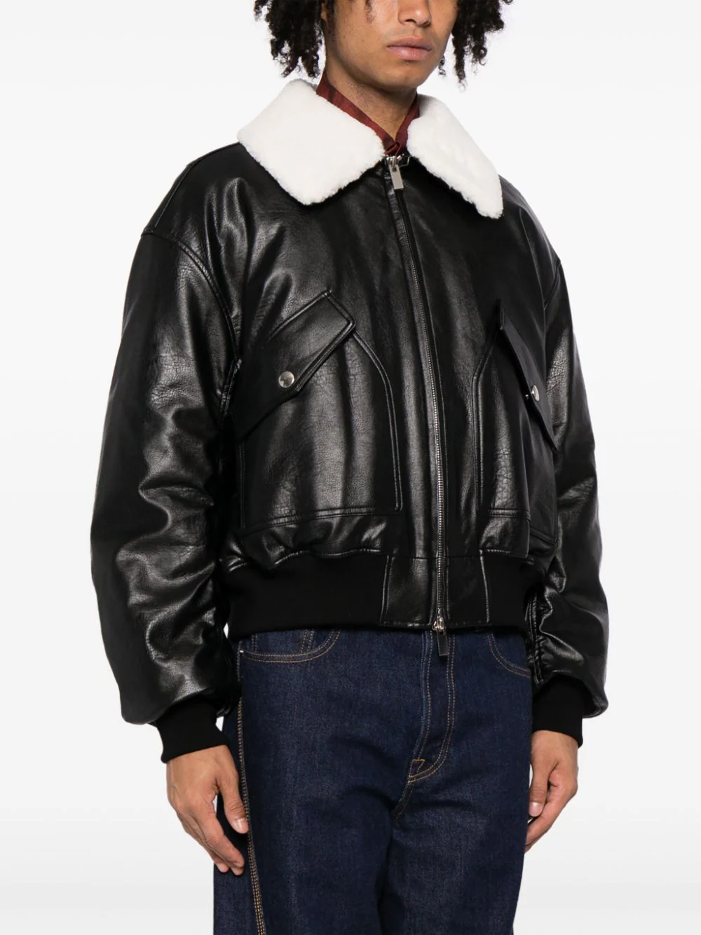 SYSTEM Men Fur Trimmed Leather Bomber