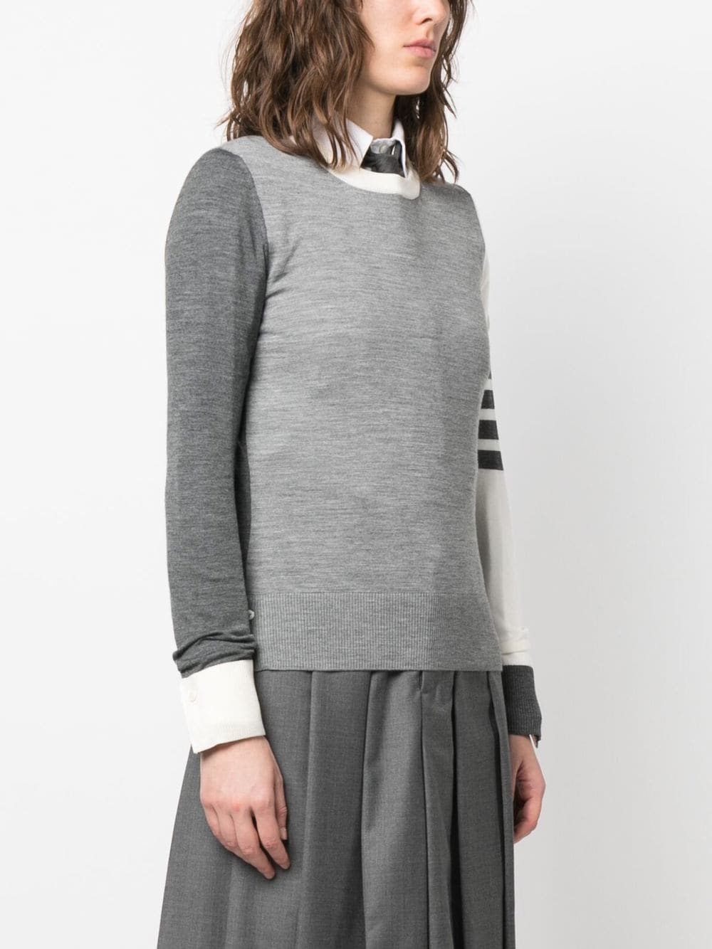 THOM BROWNE Women Fun Mix Relaxed Fit Crew Neck Pullover In Fine Merino Wool W/ 4 Bar Stripe