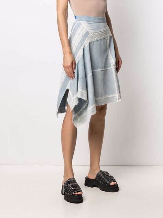 KOCHE WOMEN ASYMMETRICAL LACE TRIM DENIM SKIRT