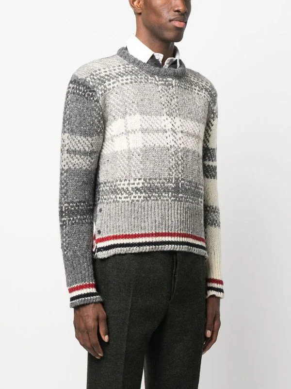 THOM BROWNE Men TB Tartan Jacquard Classic Crew Neck Pullover in Donegal w/ RWB Stripe