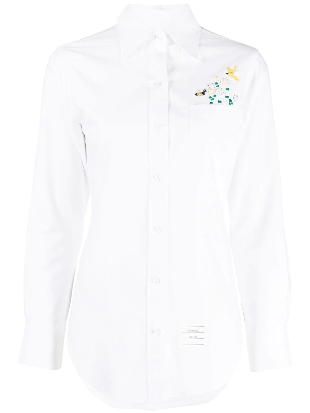 THOM BROWNE WOMEN CLASSIC POINT COLLAR SHIRT W/ SEQUIN FLOWERS AND SATIN STITCH BEE EMBROIDERY ON OXFORD