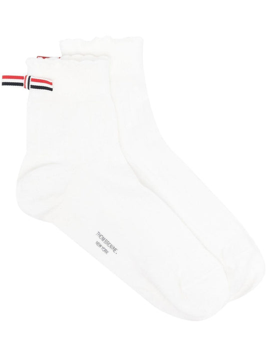 THOM BROWNE Women Crew Length Pointelle Socks In Cotton W/ Scalloped Rib And RWB Bow