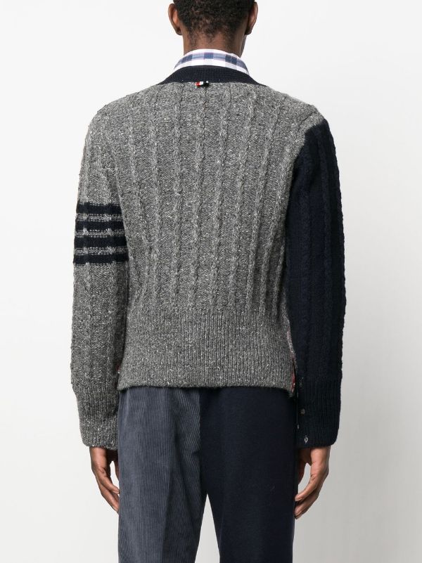 THOM BROWNE Men Fun Mix Bicolor Twist Cable Classic V Neck Cardigan in Donegal w/ 4 Bar Stripe