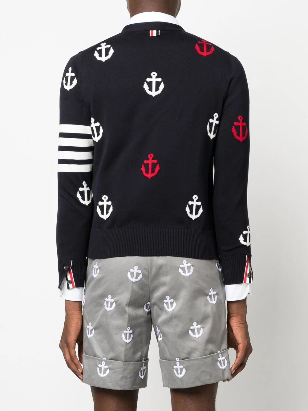 THOM BROWNE Men 4 Bar Anchor Intarsia V-Neck Cardigan