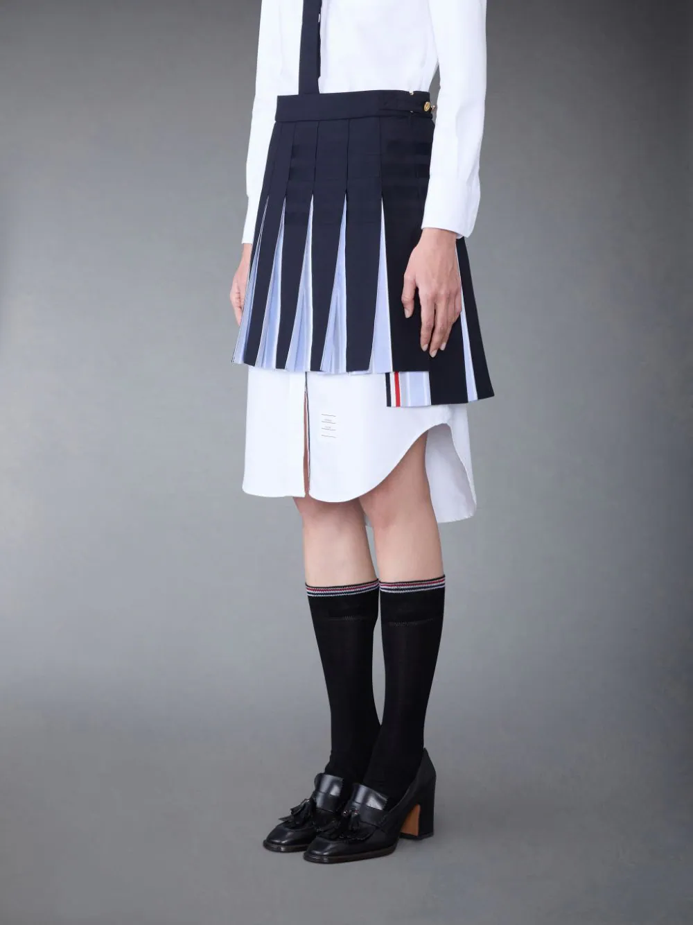 THOM BROWNE Women Pleated Mini Skirt W/ Combo Pleats in Engineered 4 Bar Weave Suiting