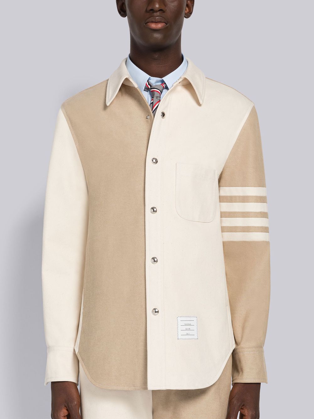 THOM BROWNE MEN FUNMIX 4 BAR SNAP FRONT SHIRT JACKET IN SELVEDGE DENIM