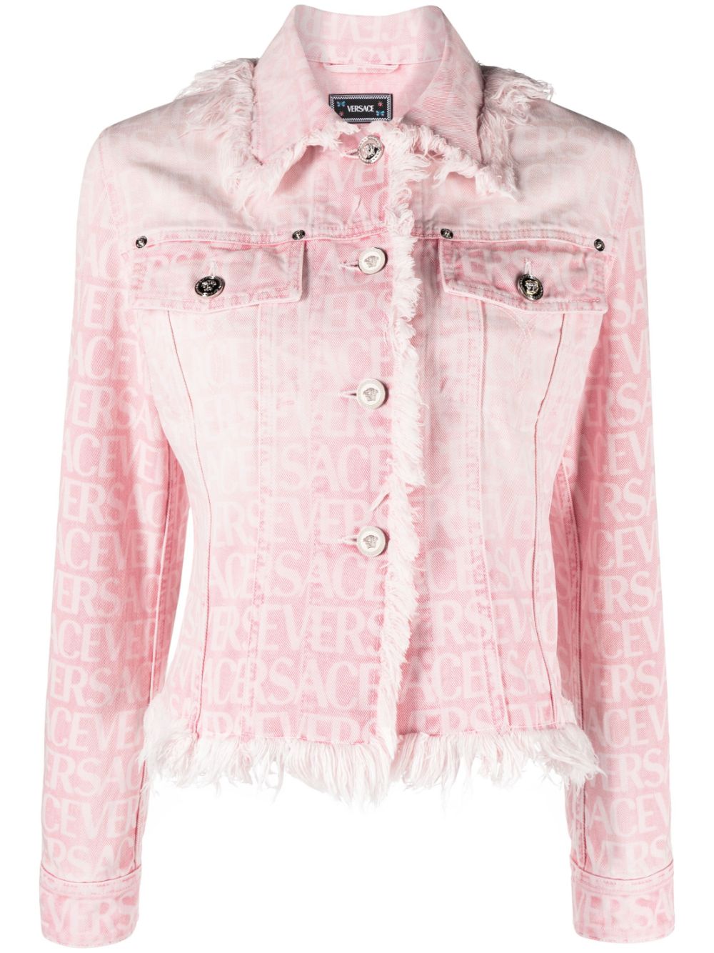 VERSACE Women Denim Jacket with All Over Laser Logo and Frayed Details