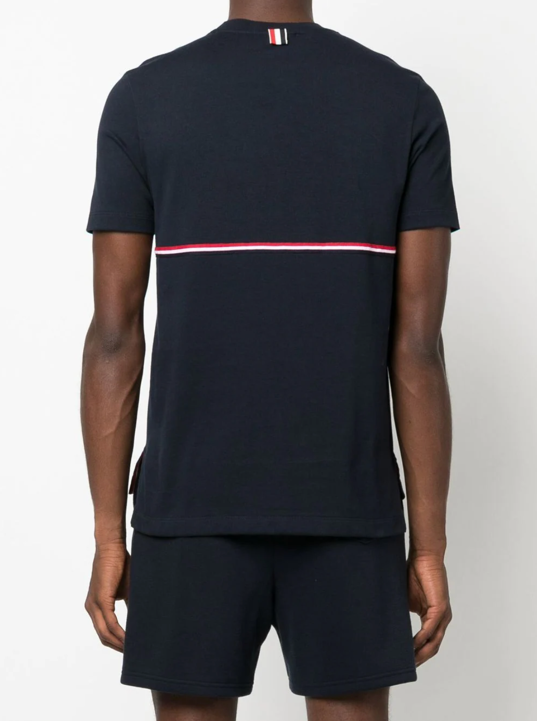 THOM BROWNE Men Short Sleeve Tee W/ RWB Stripe In Med Weight Jersey