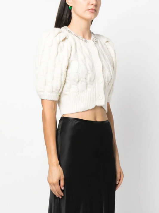 SIMONE ROCHA Women Cropped Cable Puff Sleeve Cardigan W/ Embellishment