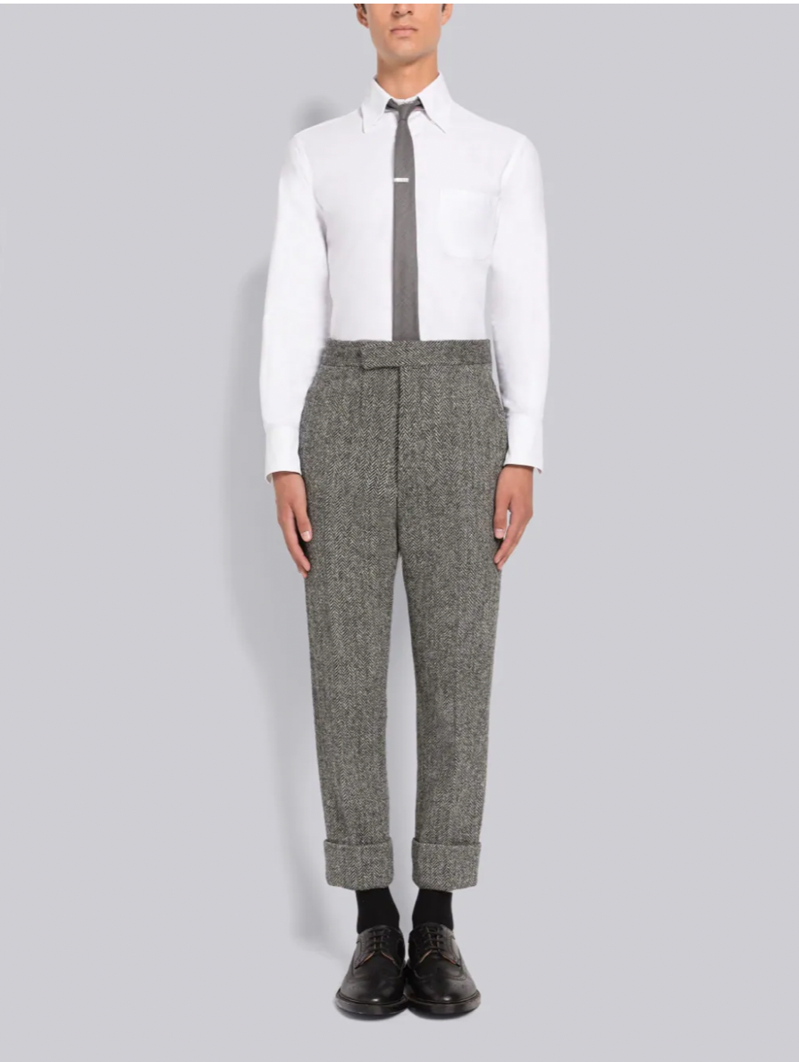 THOM BROWNE MEN FIT 1 BACKSTRAP TROUSER W/ SELF TIPPING IN HERRINGBONE HARRIS TWEED