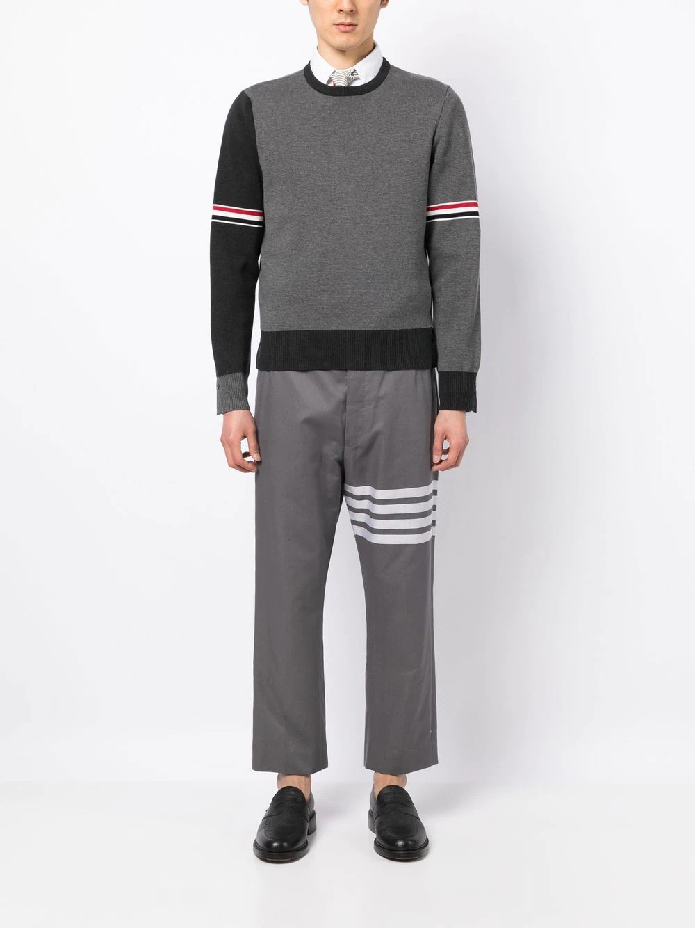 THOM BROWNE Men Fun Mix Striped Arm Crewneck Paneled Sweater