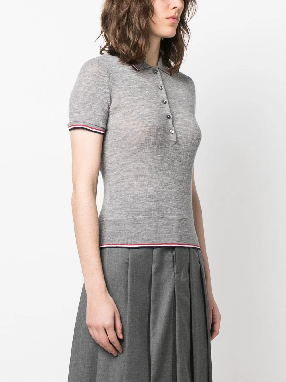 THOM BROWNE Women Short Sleeve Rib Cuff Polo In Wool Rib