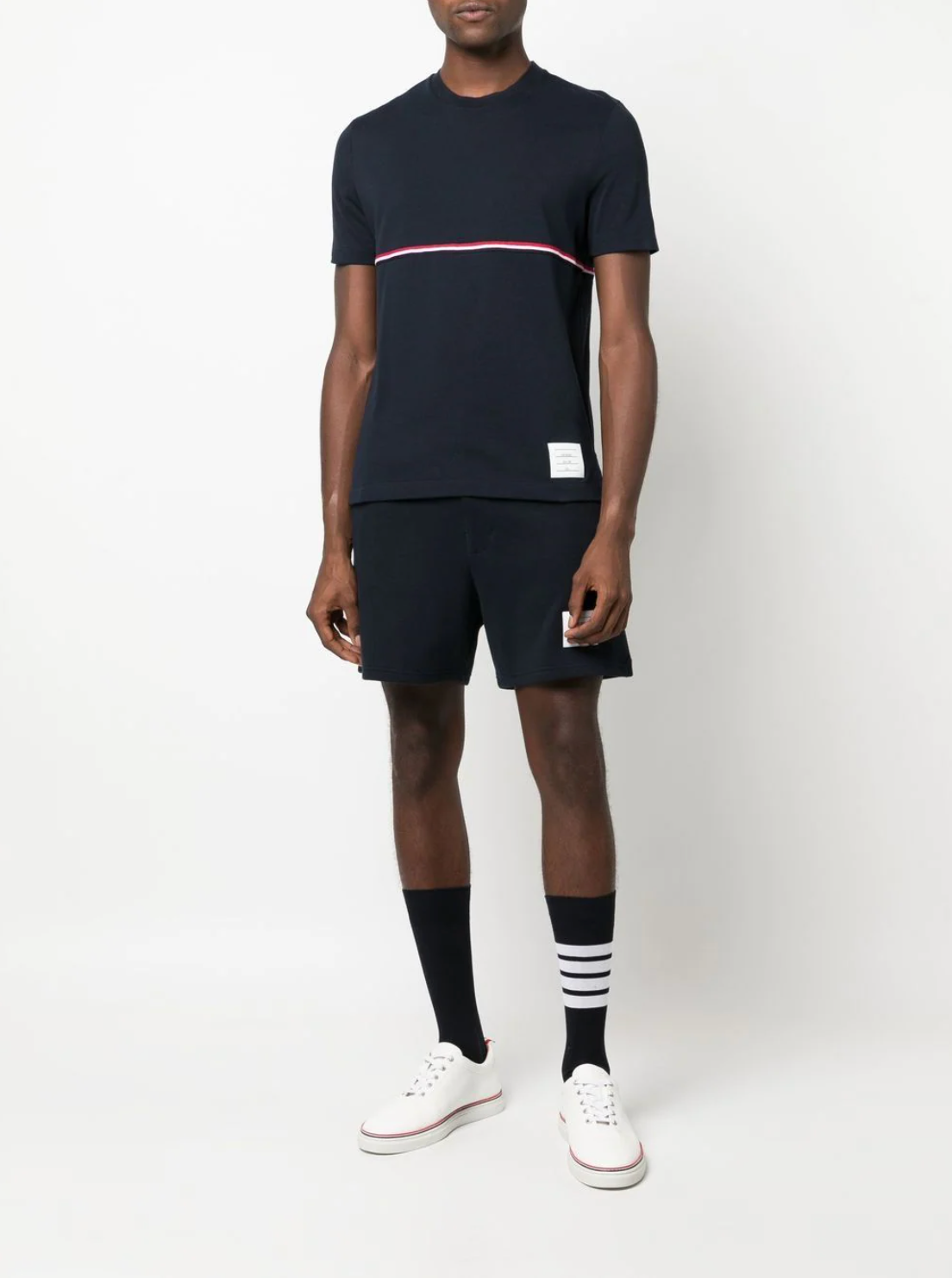 THOM BROWNE Men Short Sleeve Tee W/ RWB Stripe In Med Weight Jersey