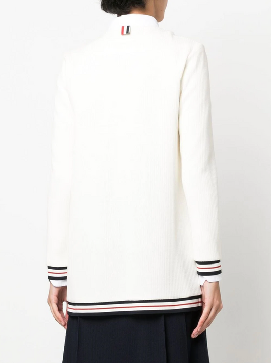 THOM BROWNE WOMEN Hip Length V Neck Cardigan W/ RWB Cricket Stripe In Light Weight Textured Cotton