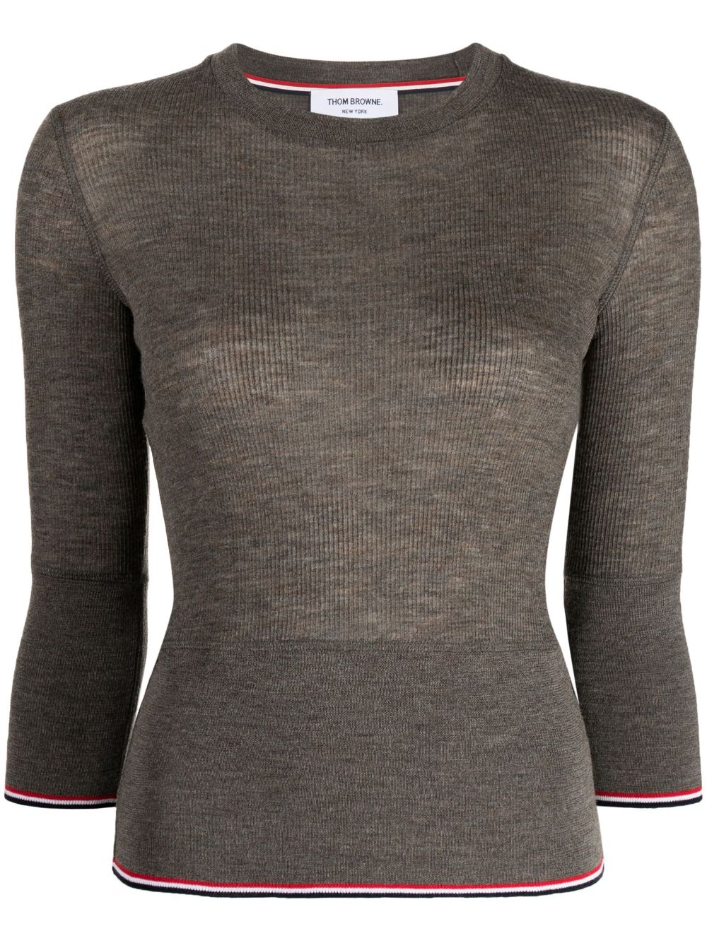 THOM BROWNE Women 3/4 Sleeve Crew Neck Wool Rib Pullover Sweater